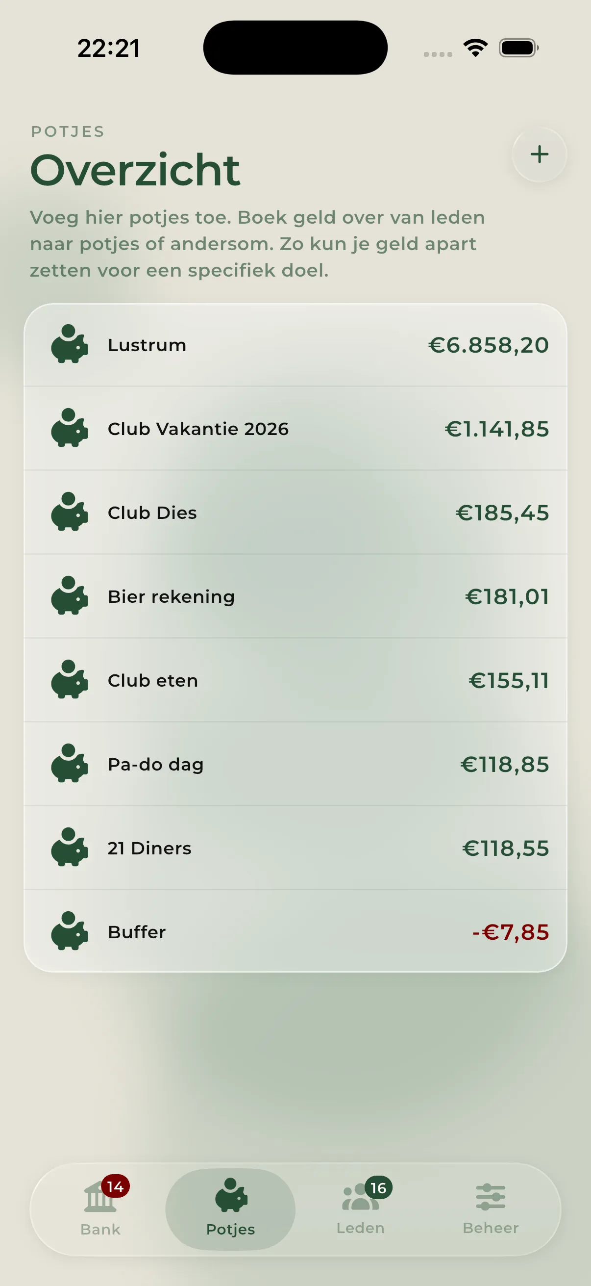 Potjes-tab met het saldo per potje