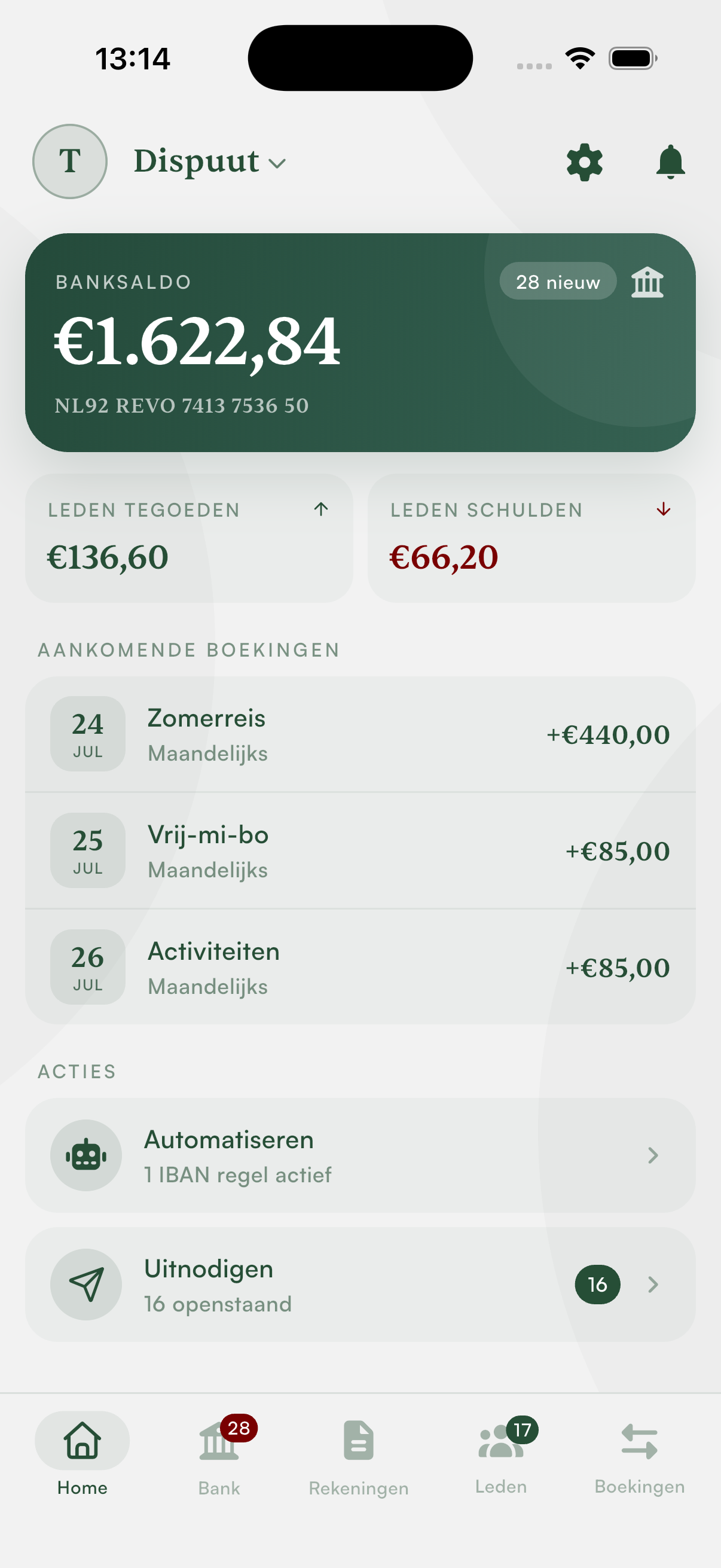 Fiscie home — banksaldo en aankomende boekingen
